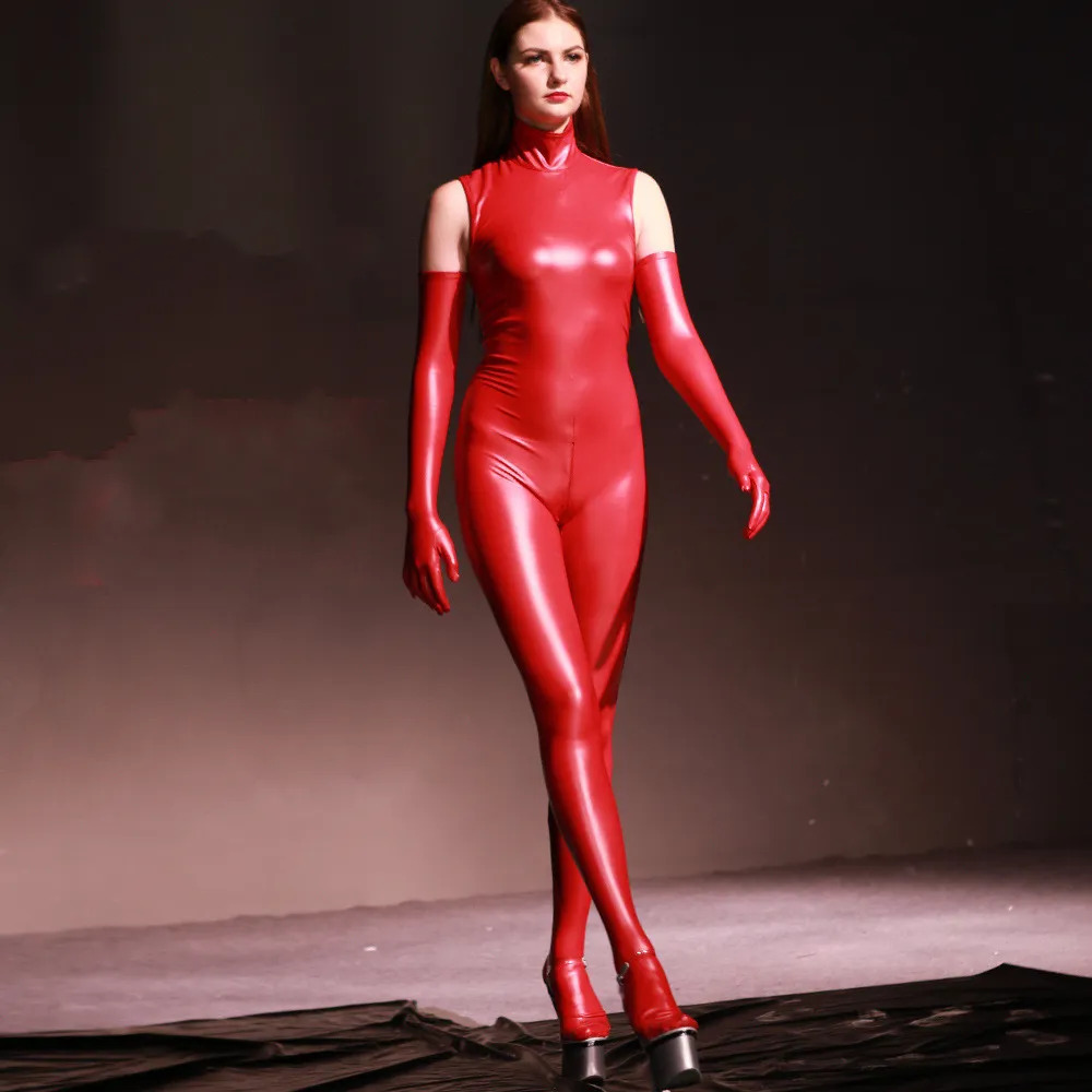 Women's Latex Ammonia Sleeveless Turtleneck Show Catwalk Bodysuit - Red