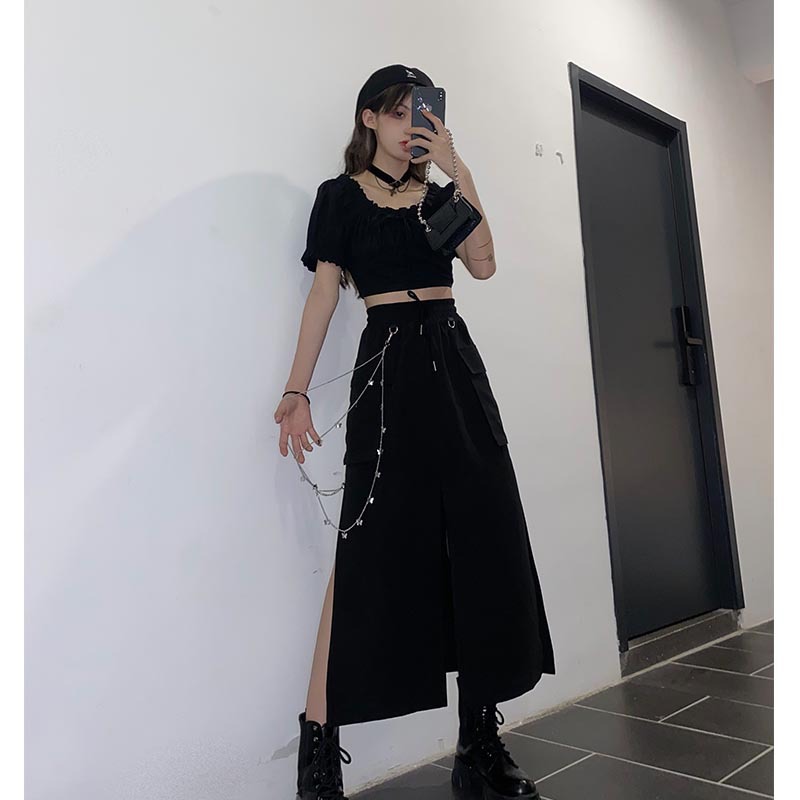 Title 3, Black High Split Skirt Womens Mid Length Summe...