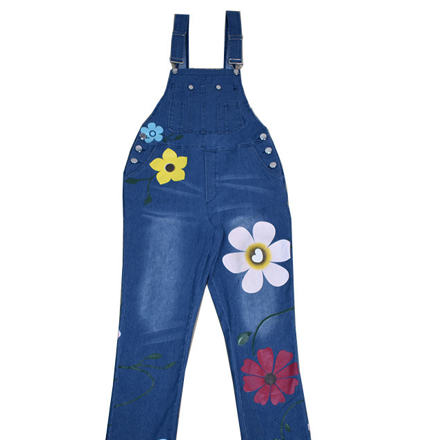 Ladies Printed Washed Denim Overalls Trousers