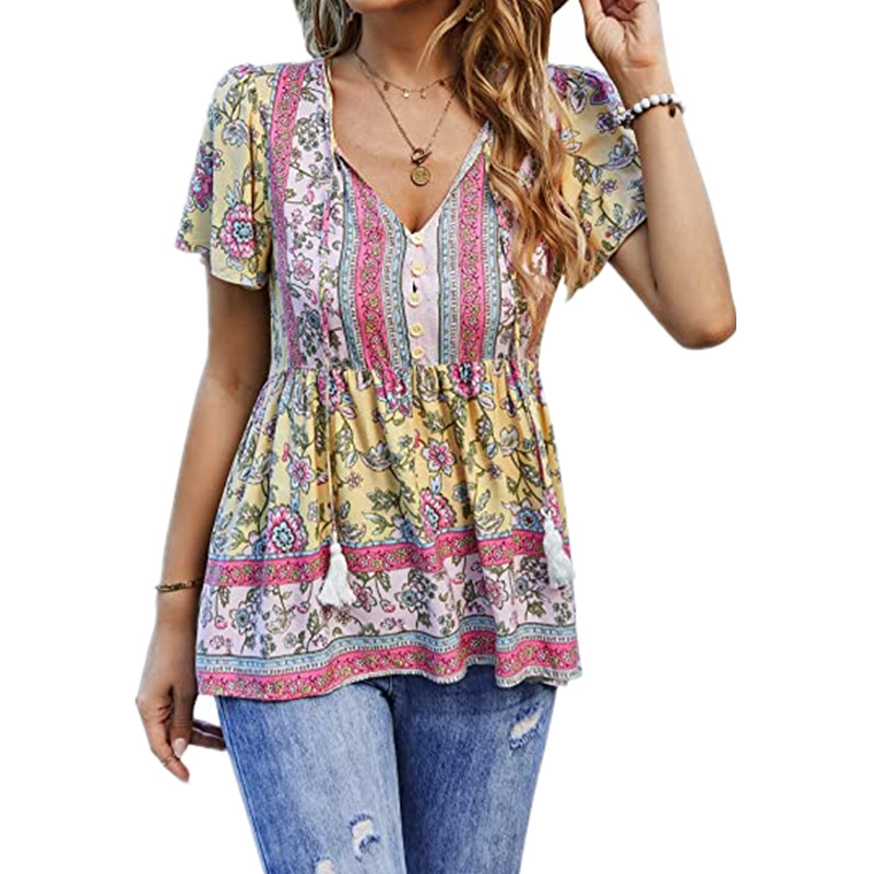 Title 3, V Neck Short Sleeve Shirt Loose Drawstring Top ...