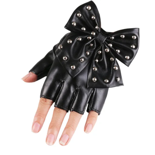 Rivet Bowknot Faux Leather PU Fashion Half Finger Gloves Black - Shop at LoveMi