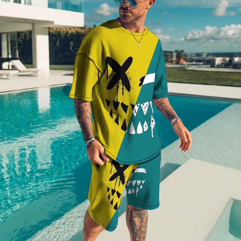 Men's 3D Printing Digital Printing T-Shirt Casual Two Piece Set