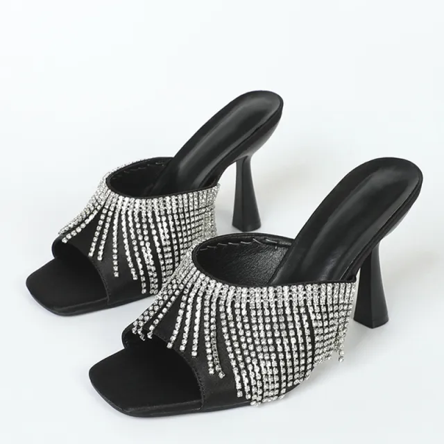 Rhinestone Square Head Satin High Heel Sandals Black - Shop at LoveMi