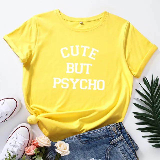 Women's Loose Round Neck Creative Letter Short sleeved T shirt Yellow - Shop at LoveMi