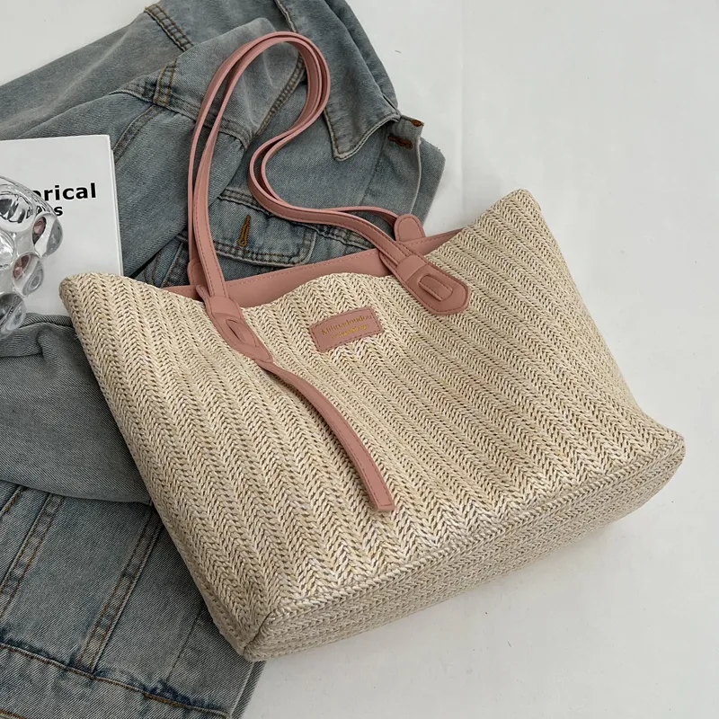 Summer Vacation Beach Woven Handheld Shoulder Bag - Pink