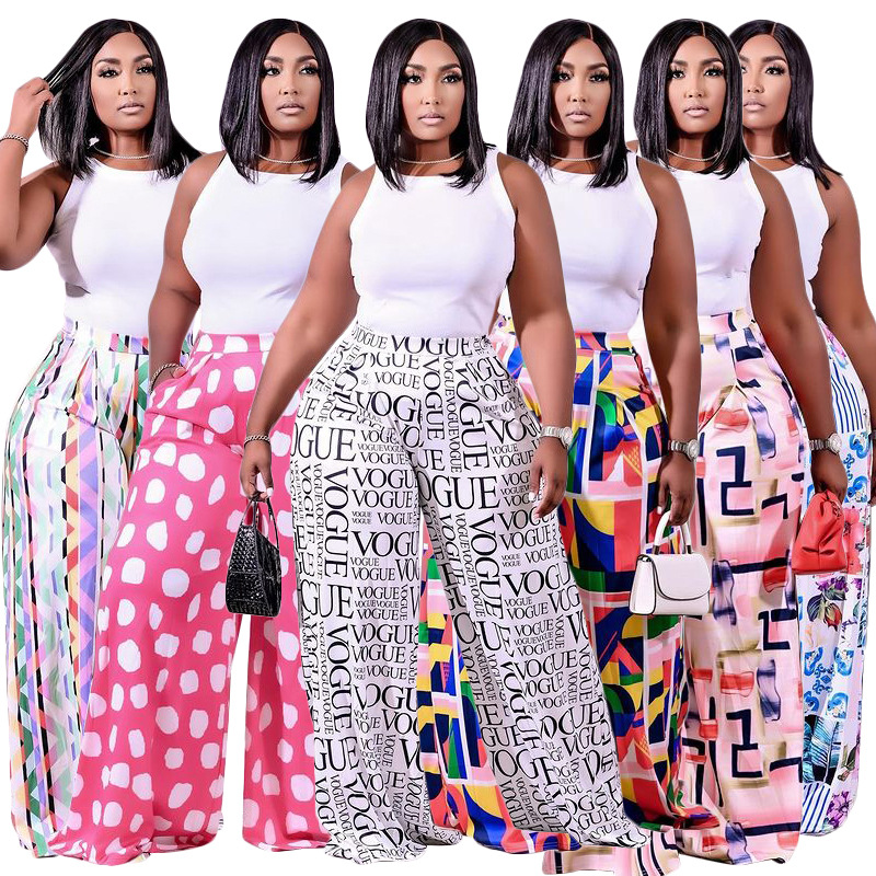 Casual Letters Geometric Flower Print Stretch Waist Wide-leg Pants Women's Trousers