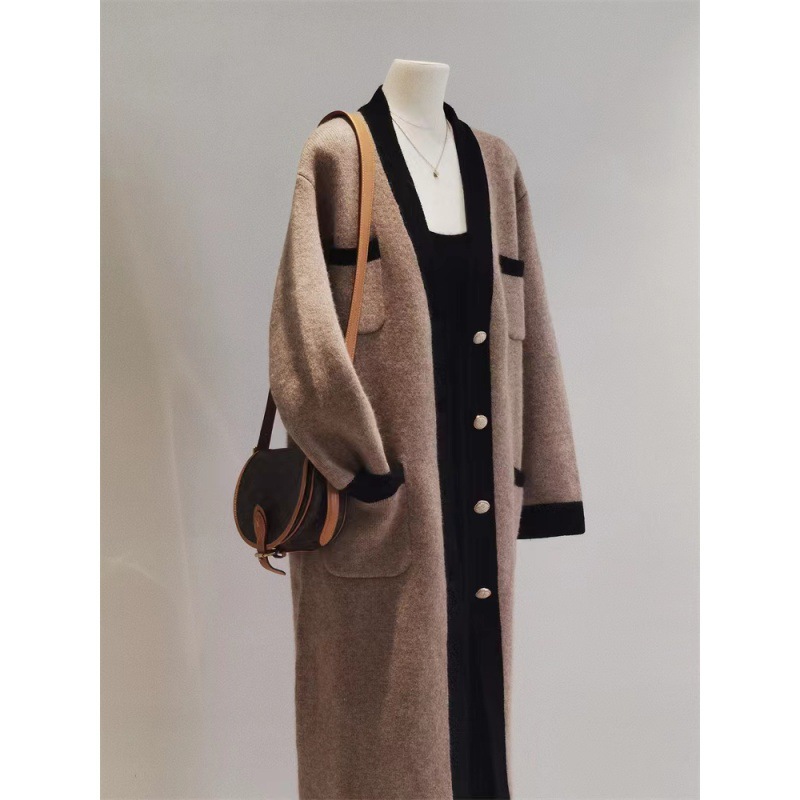 Contrast Color Large Size Long Sweater Coat Design Sense Niche Knitted Cardigan Top