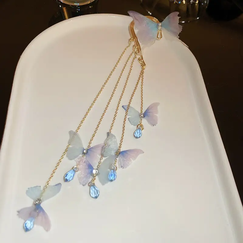 Elegant Non-pierced Diamond Fabric Butterfly Crystal Tassel Earrings