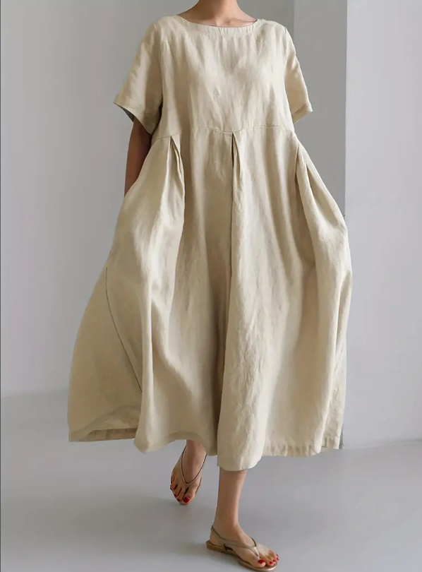 Vibrant Cotton Crew Neck Fitted Dress - Pocket Detail, Short Sleeve, Solid Color, Versatile And Comfortable For Spring And Summer - Machine Washable, Customized Vacation Style For Women