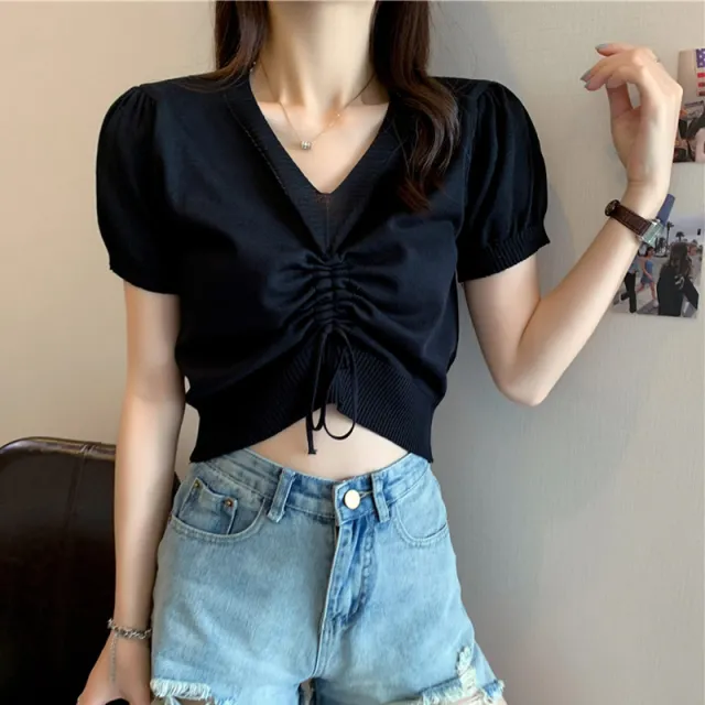 Women's V neck Blouse Summer Knit Short Sleeve Black - Shop at LoveMi