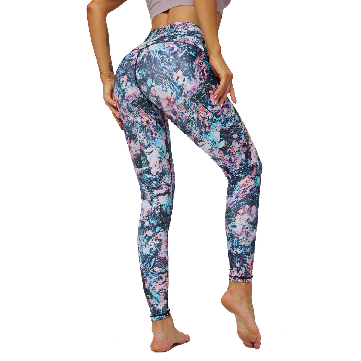 European And American New High-waist Hip-lifting Yoga Pants Women's Printed Pocket Stretch Slim Leggings Sports Fitness Nine-point Pants