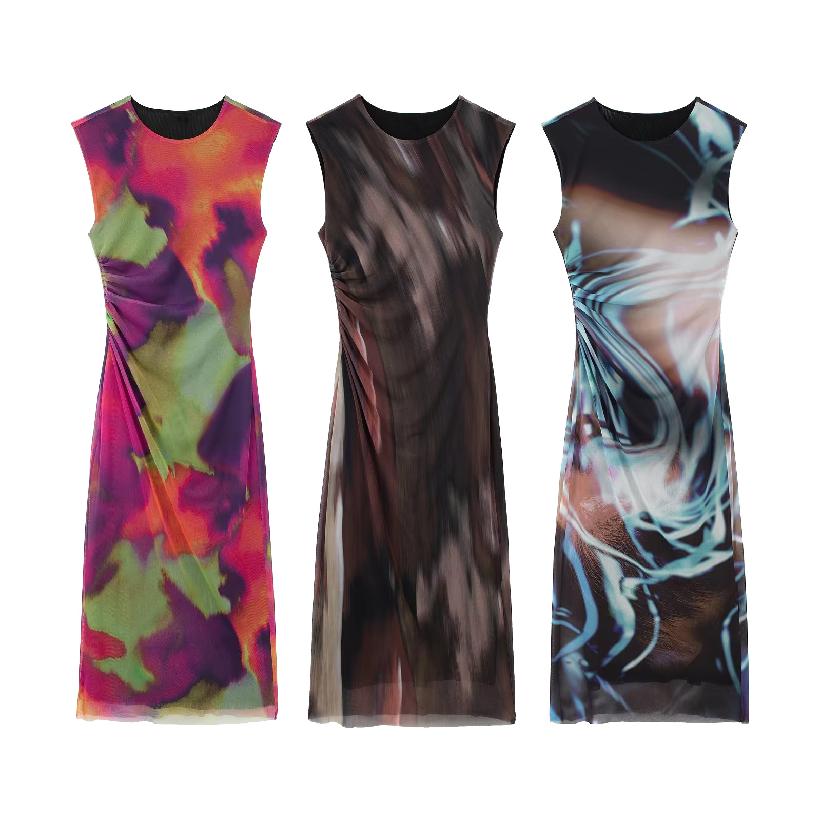 Women's Round Neck Sleeveless Printed Silk Mesh Dress