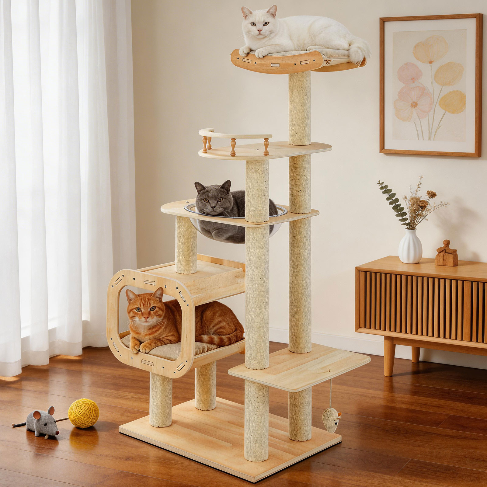 Modern Heavy-Duty No-Drill Cat Tree-Solid Wood Multi-Story Board, 4-Story Multi-Column Cat Tower, 57.9in For Multi-Cat Households, Open Condo, Space Capsule & Perch, Natural Wood Indoor Pet Furniture