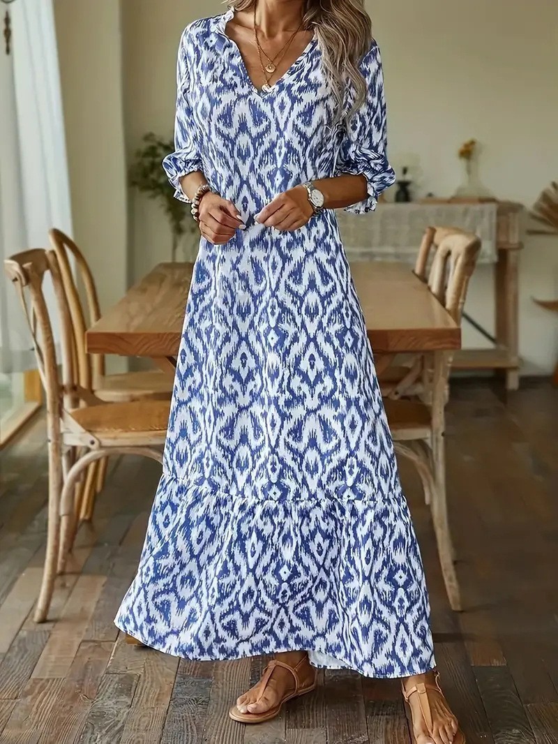 2026 New European American Bohemian Ikat Print Maxi Dress Women V Neck Ruffle Hem Casual Vacation Long Dress