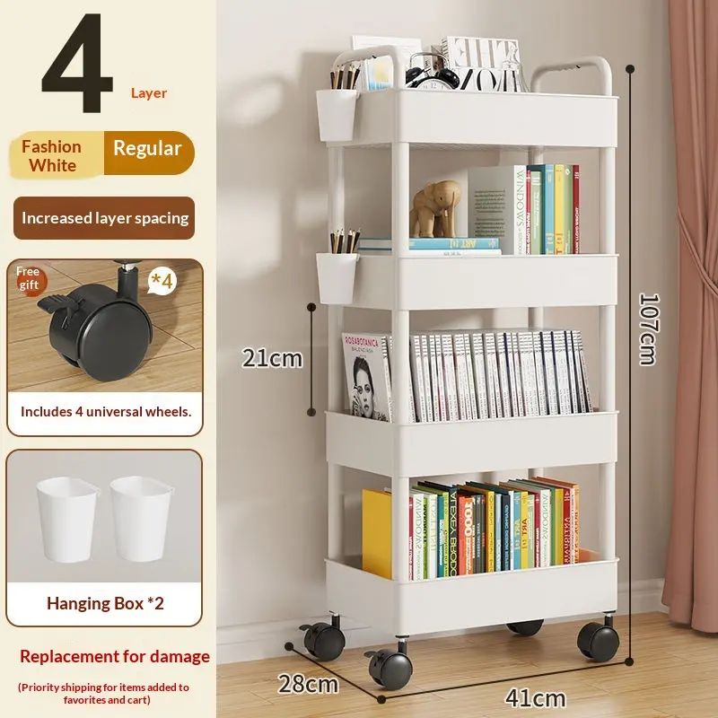 26cm White-4 Layers-wheels-hooks-hanging Boxes-stickersSmall Cart Storage Rack