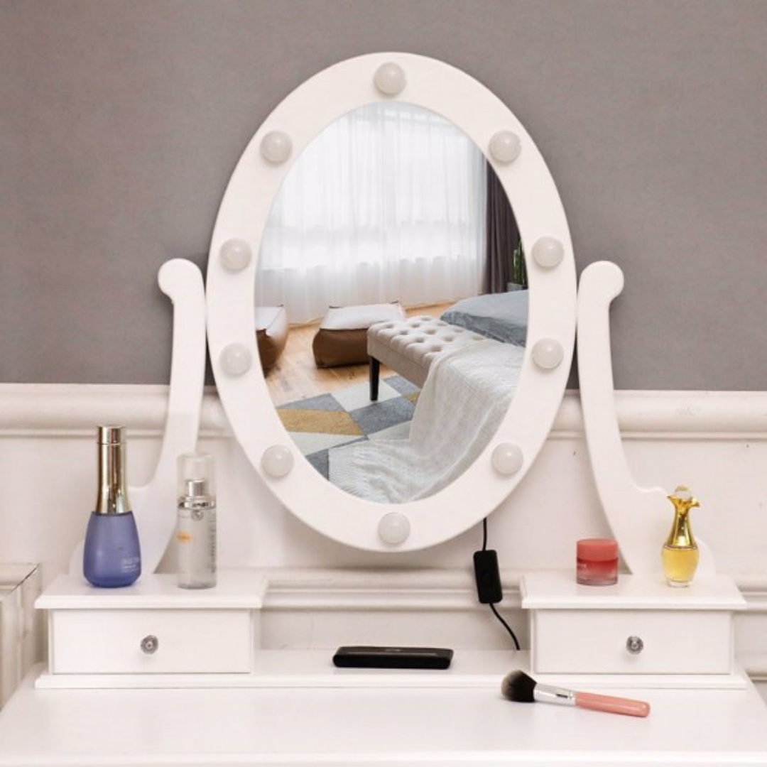 With Light Bulb Single Mirror 5 Drawer Dressing Table White 16