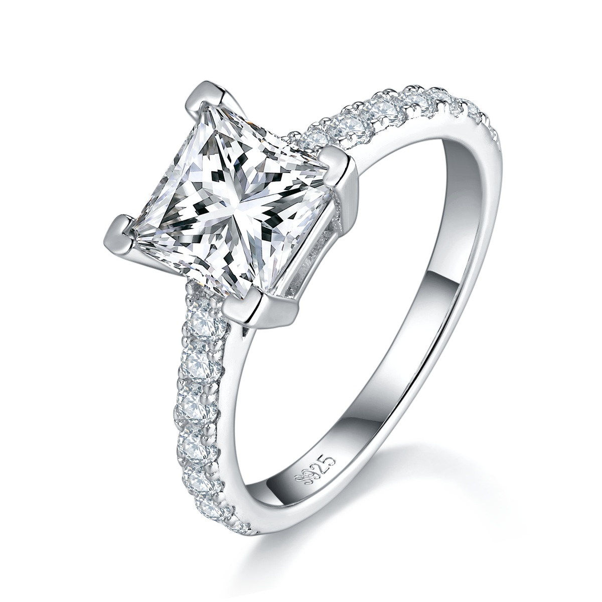 S925 Sterling Silver 2ct Princess Cut Moissanite Ring, 7x7mm D-VVS1 Pave Band, Platinum Plated US Sizes 5-9, GRA Certificate Jewelry Gift Box