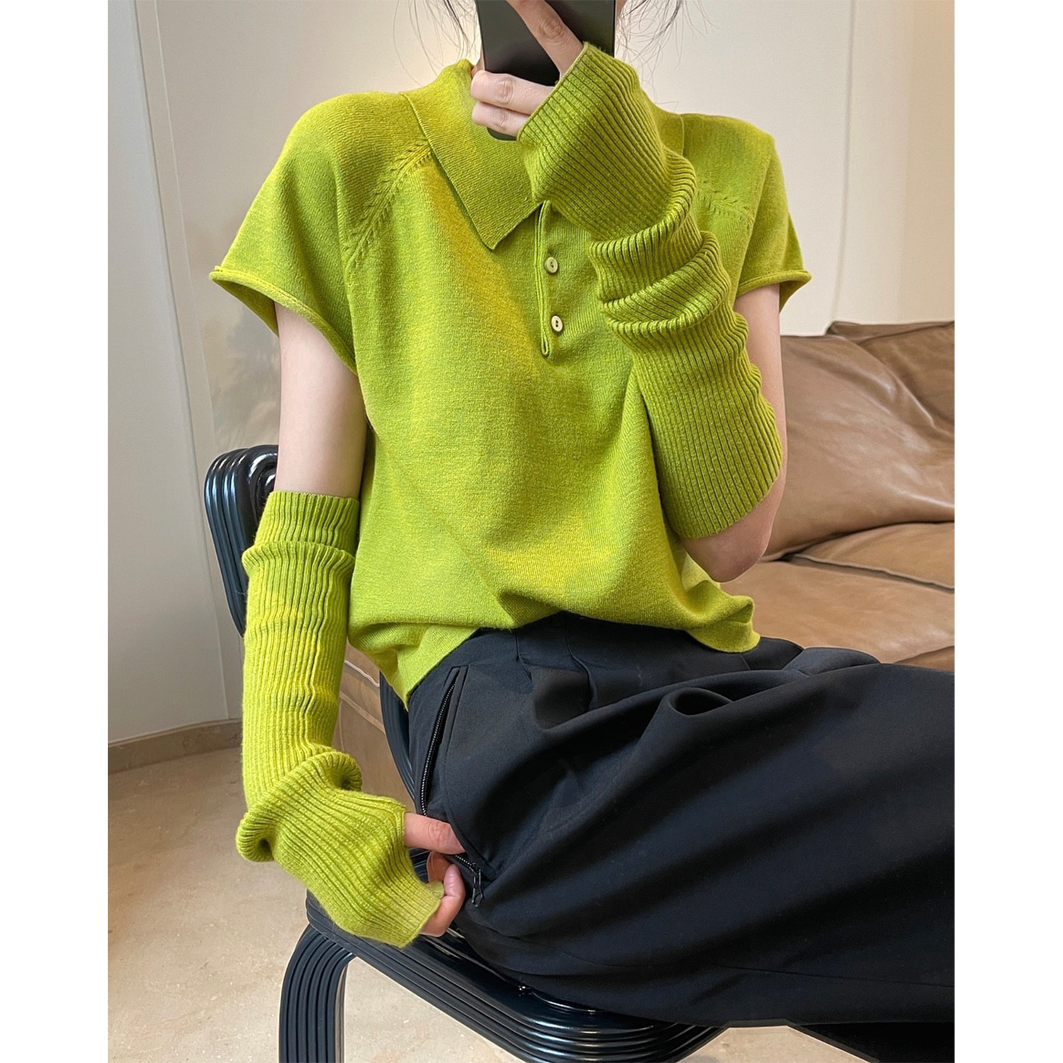 Women's Lapel Short Sleeve Sleeve Knit Sweater Two Piece