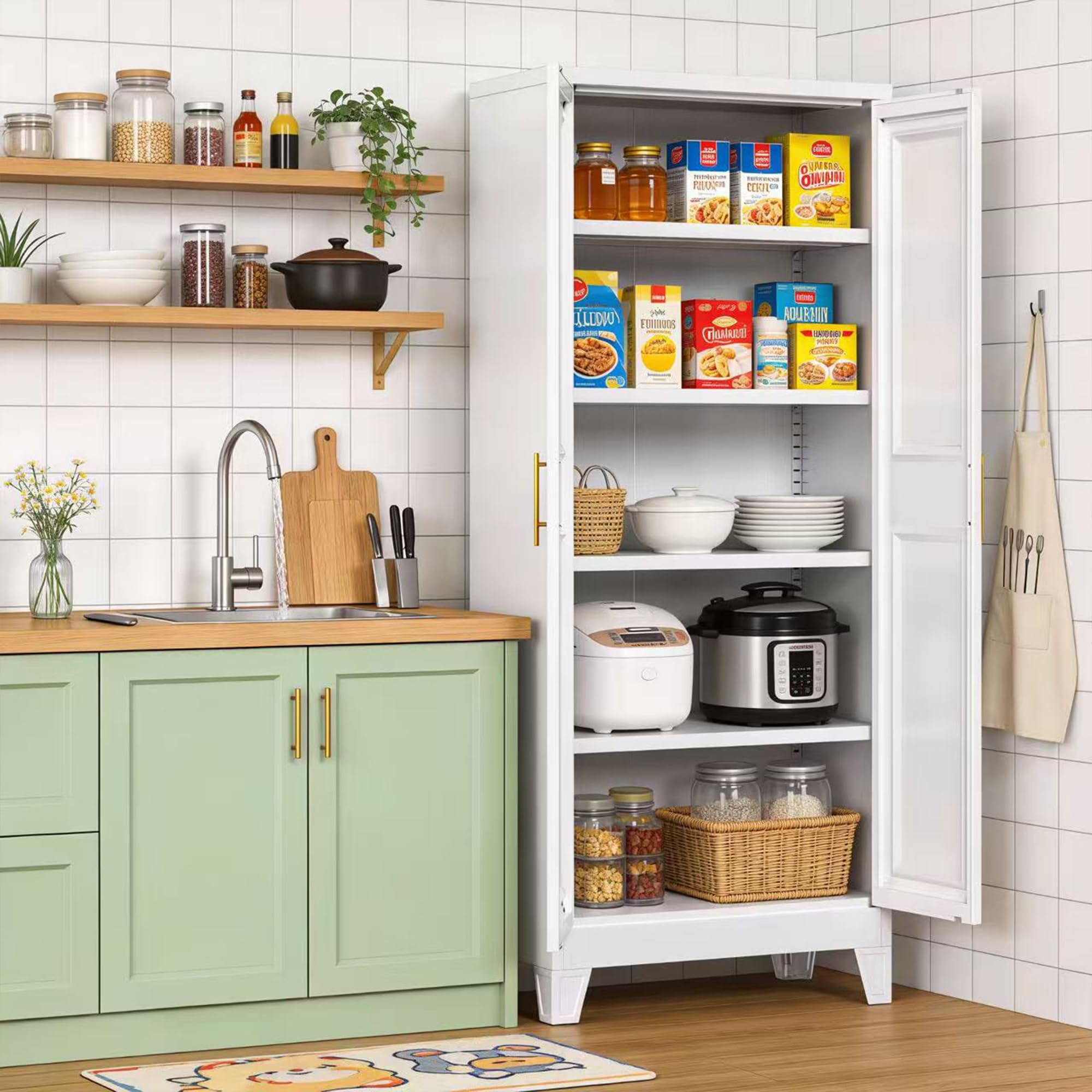 METAN Metal Kitchen Pantry Cabinet With 2 Doors,Metal Pantry Cabinets With 3 Adjustable Shelves For Kitchen, Assembly Required,White