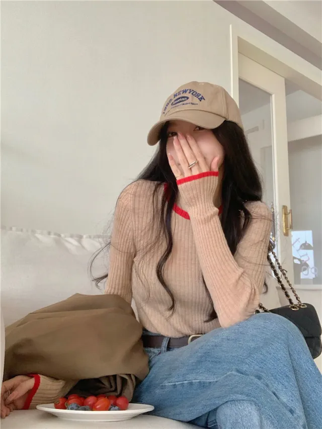 Leggings Knit Women Slim Color Contrast Crewneck Long Sleeve Inside Top Khaki - Shop at LoveMi