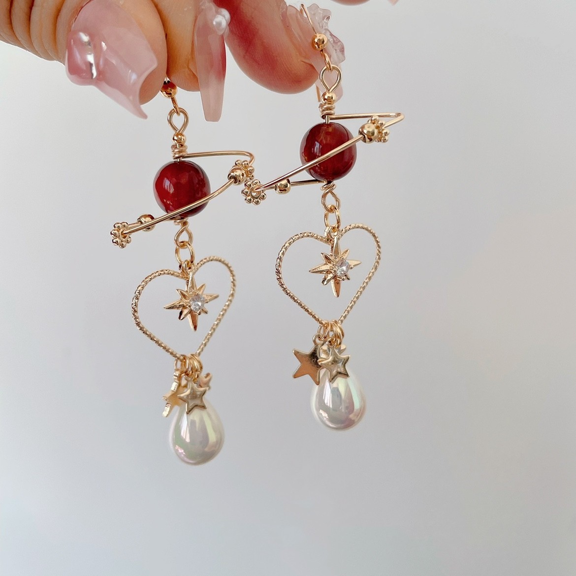 Title 6, Red Planet Star Earrings Personality Love Pearl...