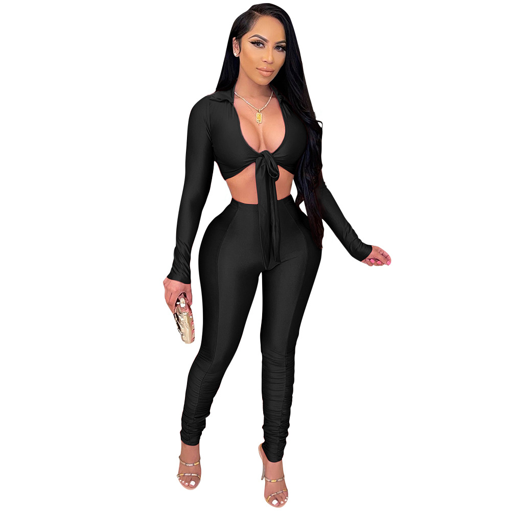 Casual Tight-Fitting Cardigan Bow Long-Sleeved Trousers Suit