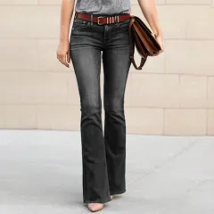 Mid Waist Washed Blue Jeans Street Trend - Black - View 1