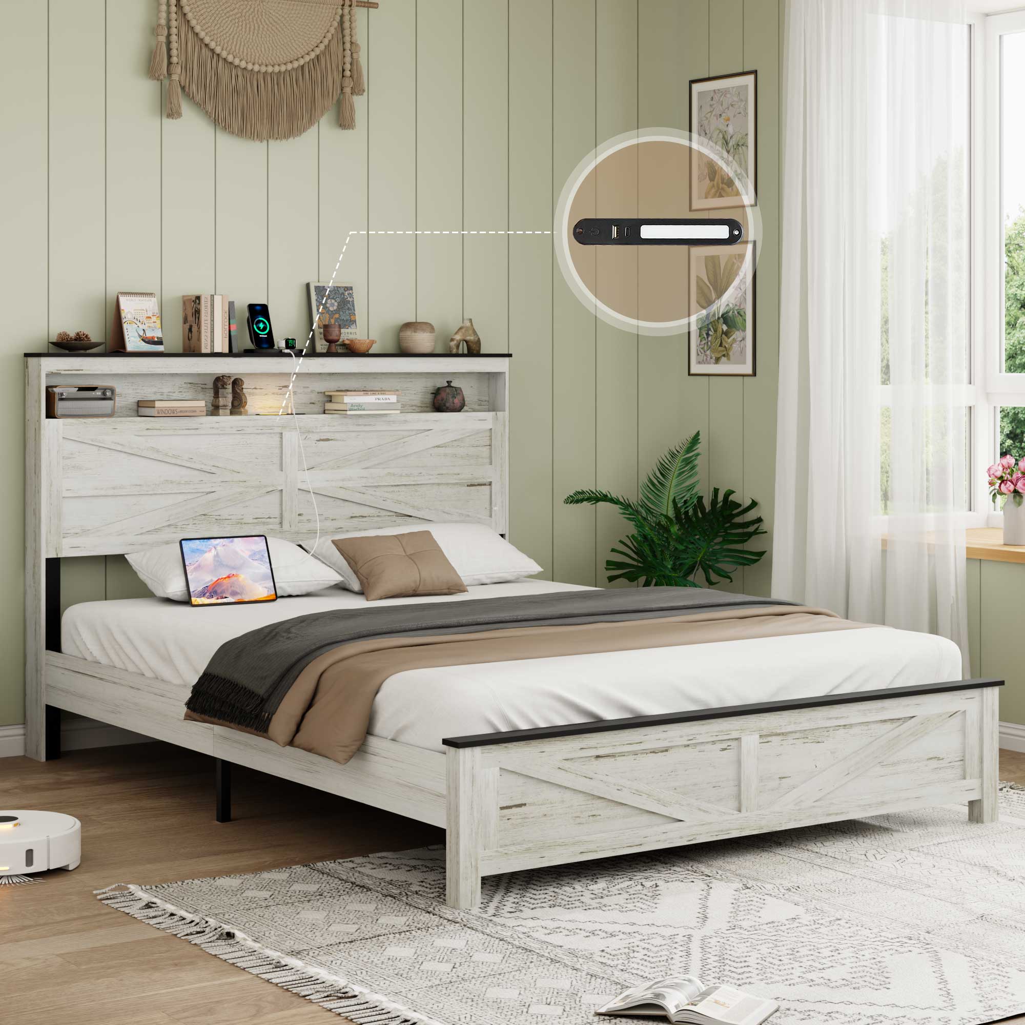 Queen Bed Frame With LED, Charging Station & Hidden Storage, White & Gray