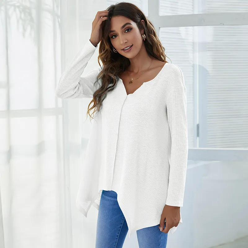 V-neck Irregular Casual Slub Cotton European And American T-shirt Women - White