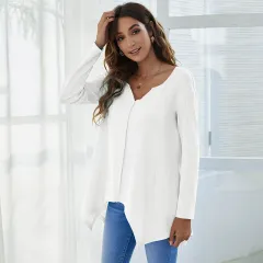 V-neck Irregular Casual Slub Cotton European And American T-shirt Women - White - View 1