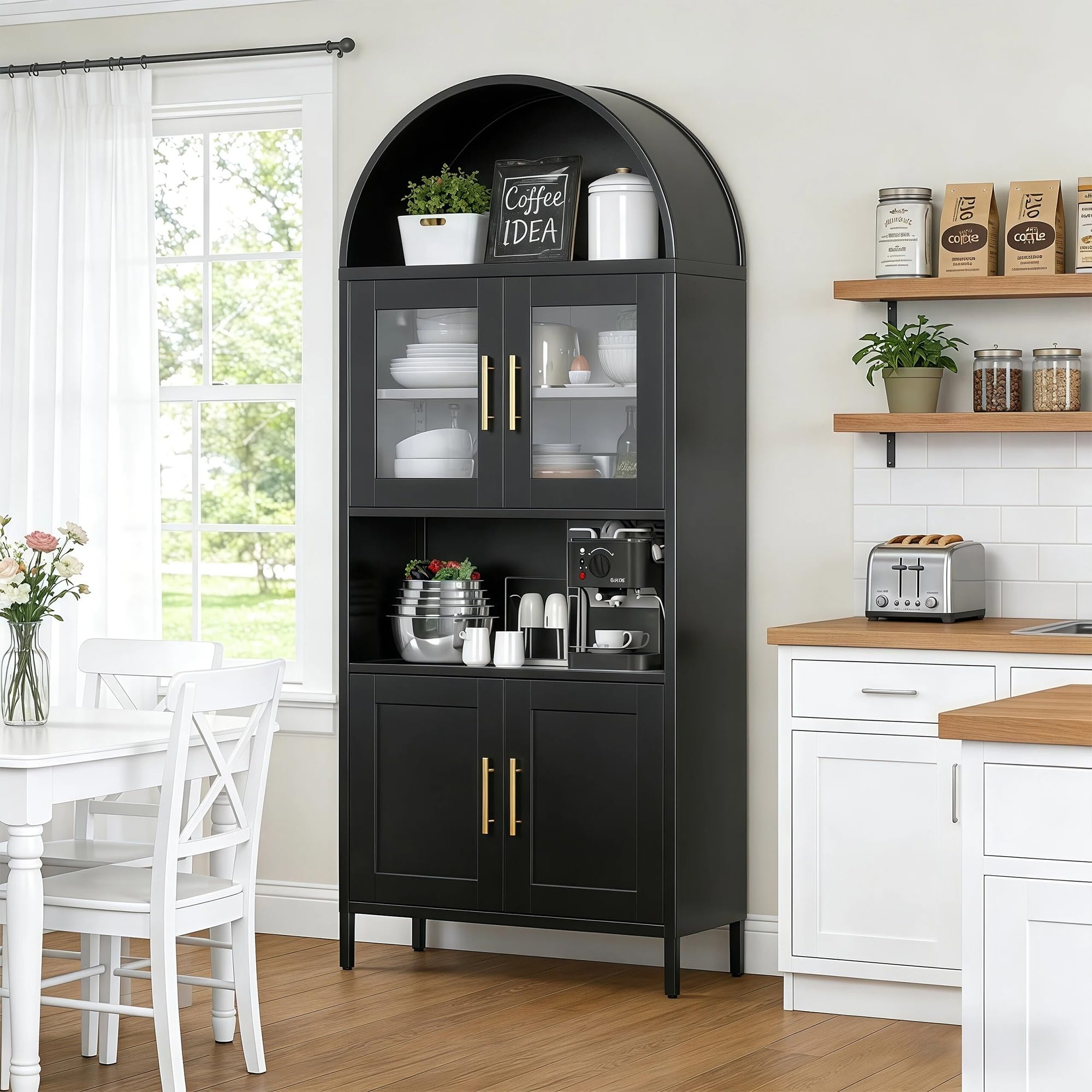 73inch Tall Arched Kitchen Pantry Cabinet With Doors, Metal Arched Hutch Cabinet For Kitchen, Dining Room, Living Room, Assembly Required, Black