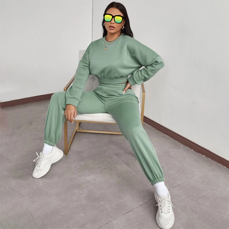 Two-piece Casual Fashion Long-sleeved Umbilical Blouse Abdomen Trousers And Fleece Sweater