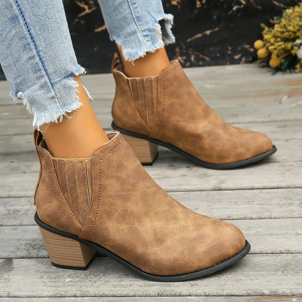 Autumn Winter Shoes For Women Pointed Toe Thick Square Heel Ankle Boots New Slip-on Low Heel Luxury Short Boots - Brown