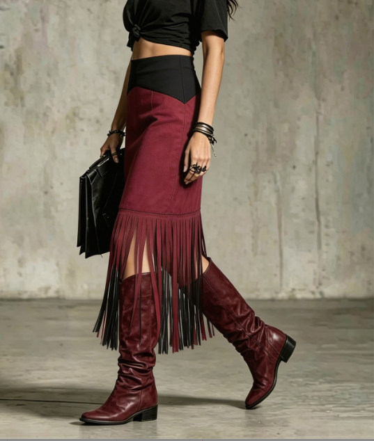 Wine Red Imitation Suede Contrasting High Waisted Fringe Slit Mid Length Skirt With Hip Wrap