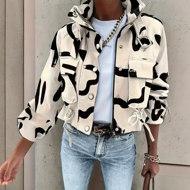 Women's Stand Collar Long Sleeve Jacket With Button & Zipper Closure Two Large Pockets & Drawstring Hem Casual Short Jacket For Spring&Fall Apr... Apricot - Shop at LoveMi