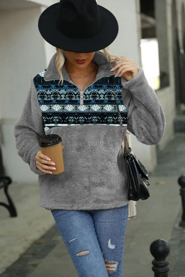 Ladies Loose Pullover Geometric Print Round Neck Plush Sweatshirt Dark Grey - Shop at LoveMi