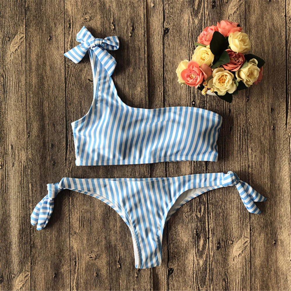 Vertical Striped One-shoulder Strappy Bow Bikini