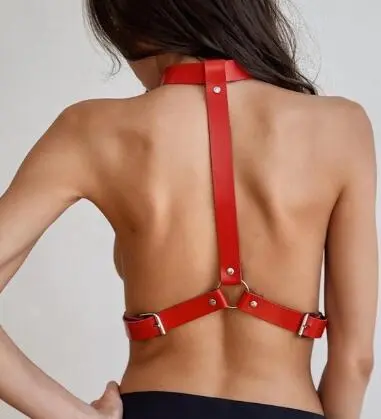 Women's Leather Round Neck Integrated Adjustable Belt Red - Shop at LoveMi