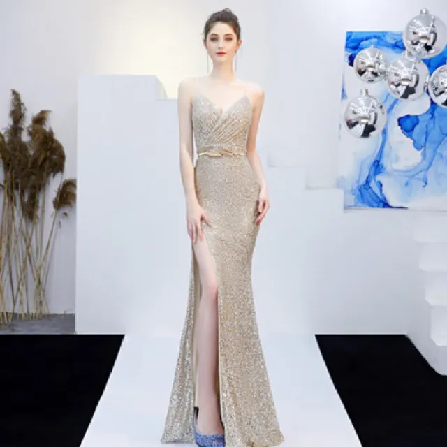 New Banquet Elegant Annual Meeting Long Host Deep V Sexy Fishtail Sequined Dress Apricot Ginkgo Belt - Shop at LoveMi