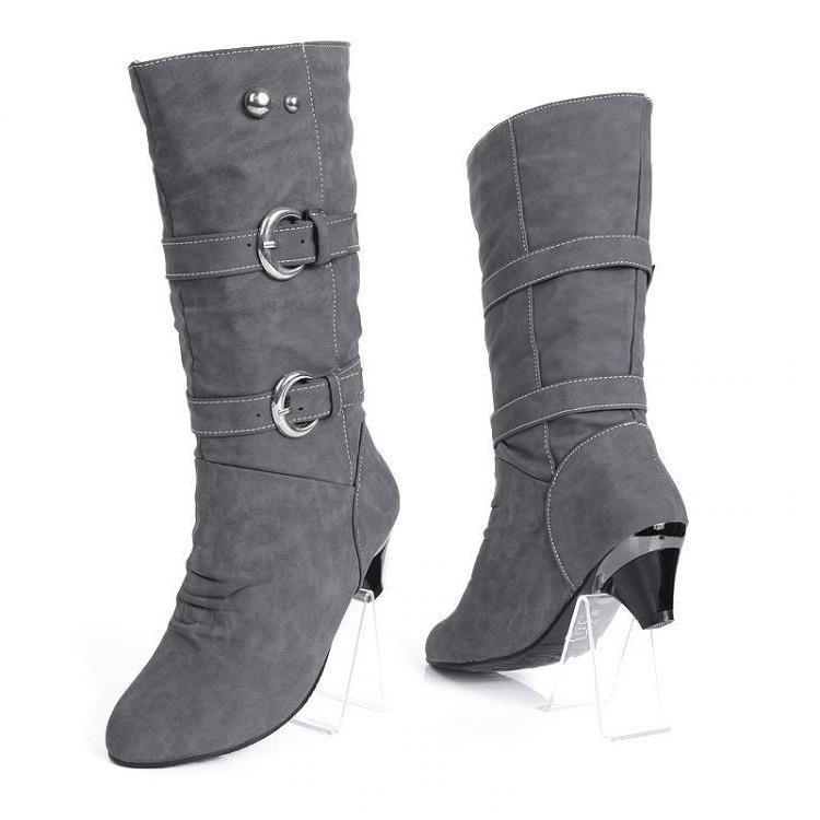 Soft Leather Mid tube Wedge Heel Soft Leather Belt Buckle Martin Boots Grey - Shop at LoveMi