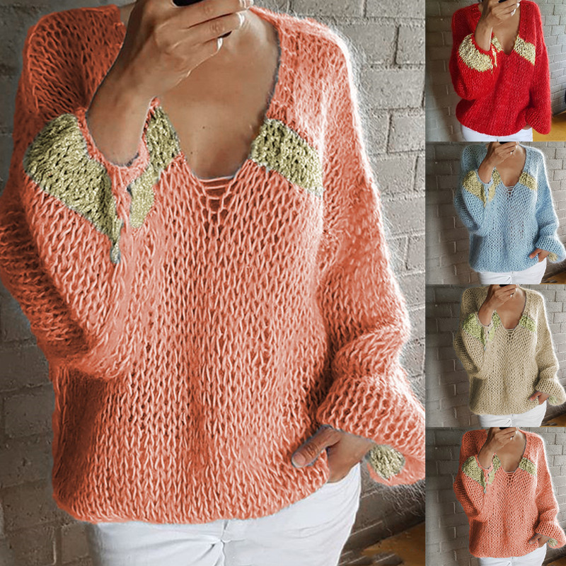 Casual V Neck Gold Silk Knitted Long Sleeved Sweater