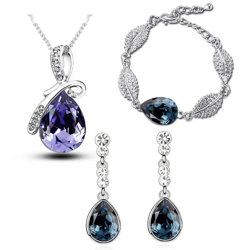 Water Drop Crystal Earrings Man Tingfang Necklace Acacia Leaf Bracelet Three-piece Set