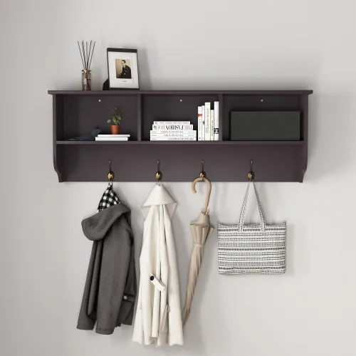 Espresso Entryway Wall Mounted Coat Rack With 4 Dual Hooks Living Room Wooden Storage Shelf