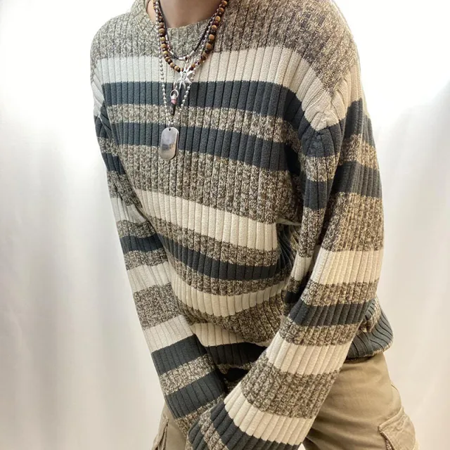 Vintage Contrast Stripe Crew Neck Sweater Stripe - Shop at LoveMi