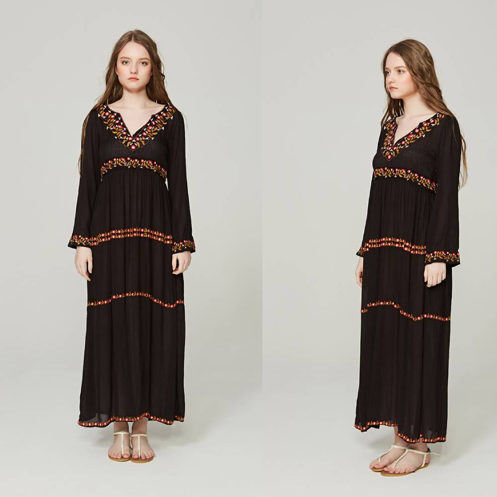 V-neck Embroidery Flower High Waist Bohemian Flare Sleeve Holiday Dress — image 1