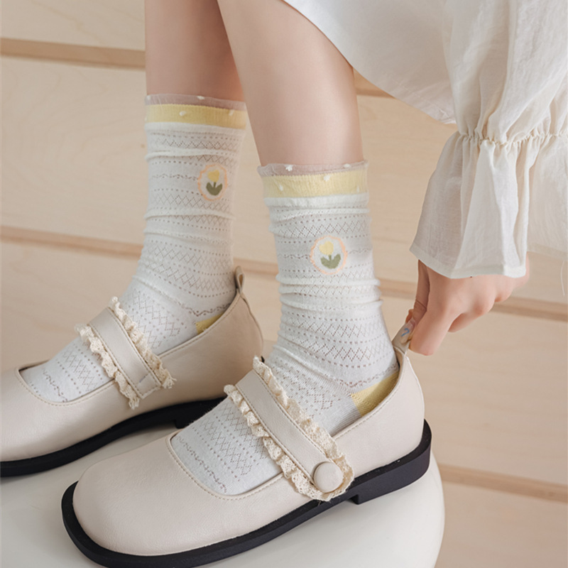 Tulip Yellow Green System Glass Silk Pile Women's Socks