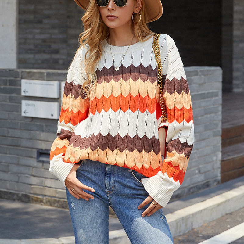 Fashion Wave Stripe Stitching Contrast Sweater