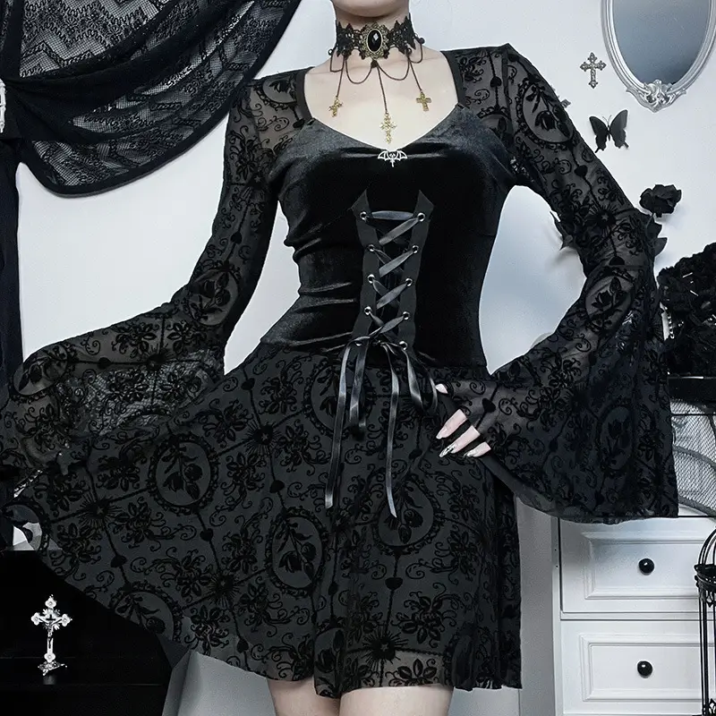 New Fashion Elegant Slim Retro Dark Flocking Big Sleeve Dress