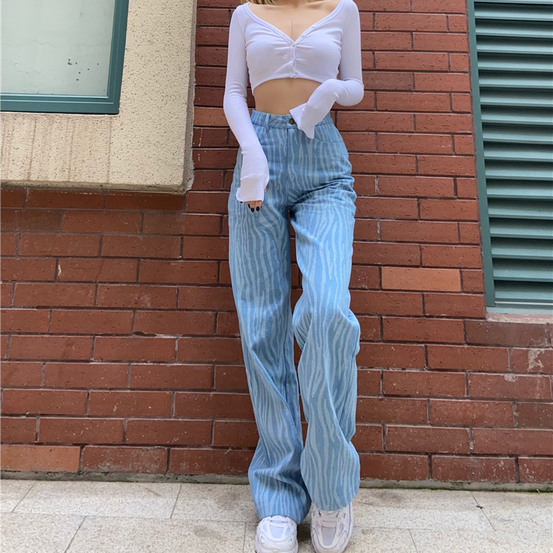 Retro Distressed Tie-dye Dark Blue Jeans High Waist Slim Slimming