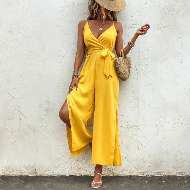 Women's Jumpsuit Self tie Slit Backless Sling Yellow Tom2022173J 1 - Shop at LoveMi